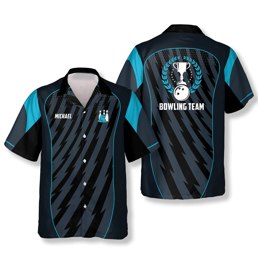 Blue Sports Style Trophy Emblem Custom Bowling Trendy Hawaiian Shirt, Bowling Team Shirt, Bowling Player Gift Blue Sports Style Trophy Emblem Custom Bowling Trendy Hawaiian Shirt, Bowling Team Shirt, Bowling Player Gift