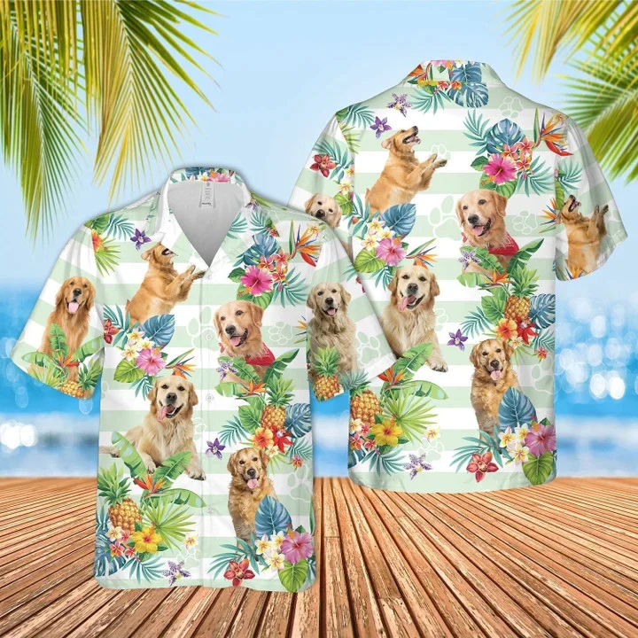 Blue Striped Golden Retriever Dog Tropical Flower Trendy Hawaiian Shirt For Men And Women Blue Striped Golden Retriever Dog Tropical Flower Trendy Hawaiian Shirt For Men And Women
