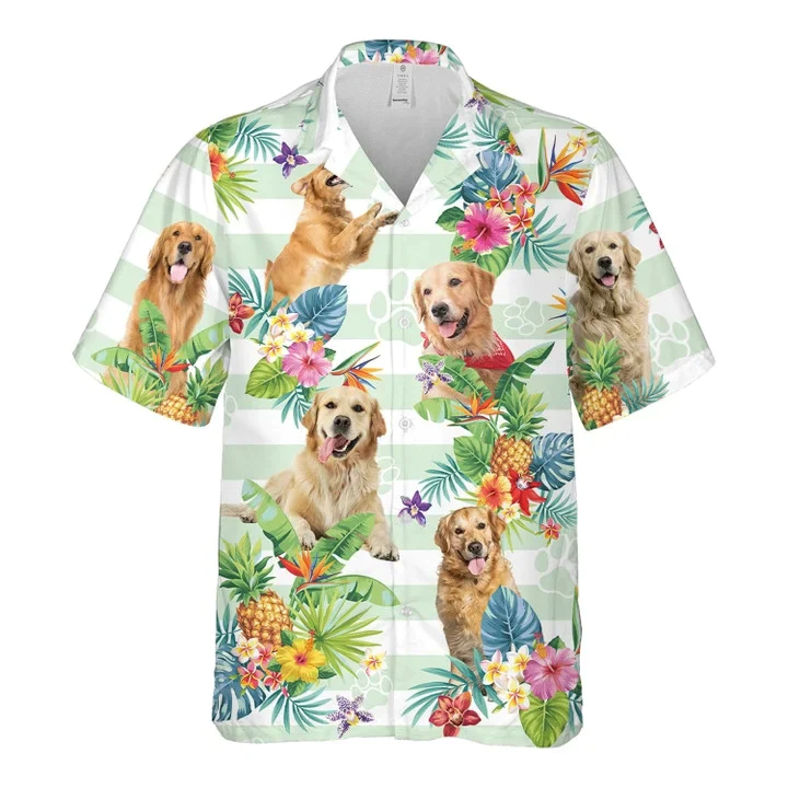 Blue Striped Golden Retriever Dog Tropical Flower Trendy Hawaiian Shirt For Men And Women
