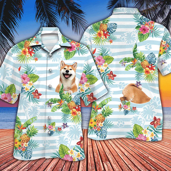 Blue Striped Smiling Shiba Inu Dog Lovers Gift Striped Trendy Hawaiian Shirt