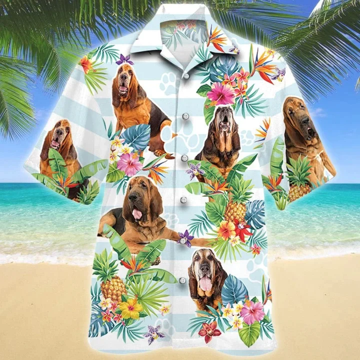Blue Stripesd Bloodhound Dog Tropical Flower Trendy Hawaiian Shirt Blue Stripesd Bloodhound Dog Tropical Flower Trendy Hawaiian Shirt