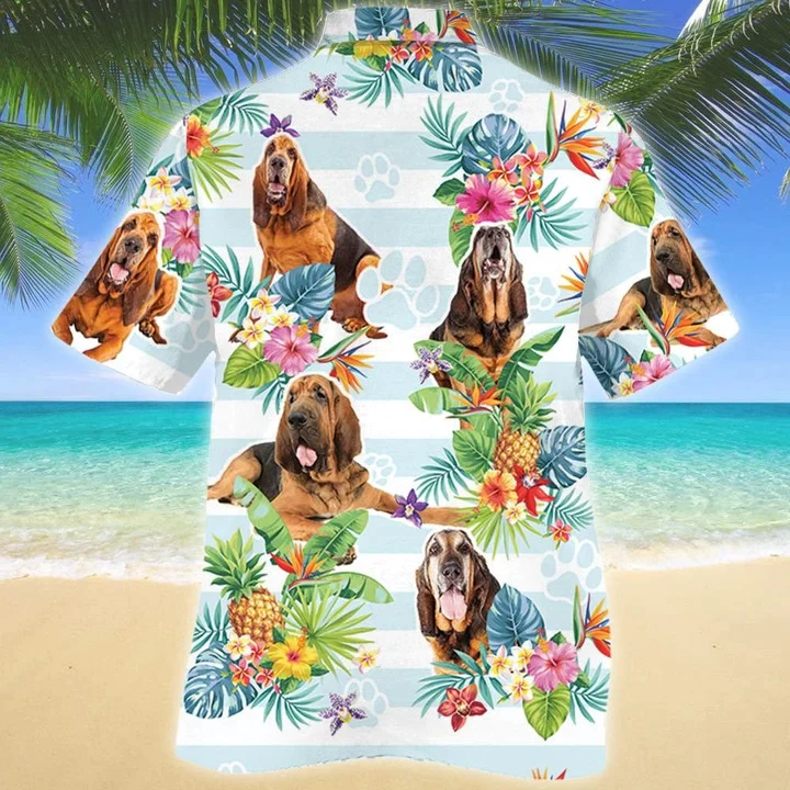 Blue Stripesd Bloodhound Dog Tropical Flower Trendy Hawaiian Shirt