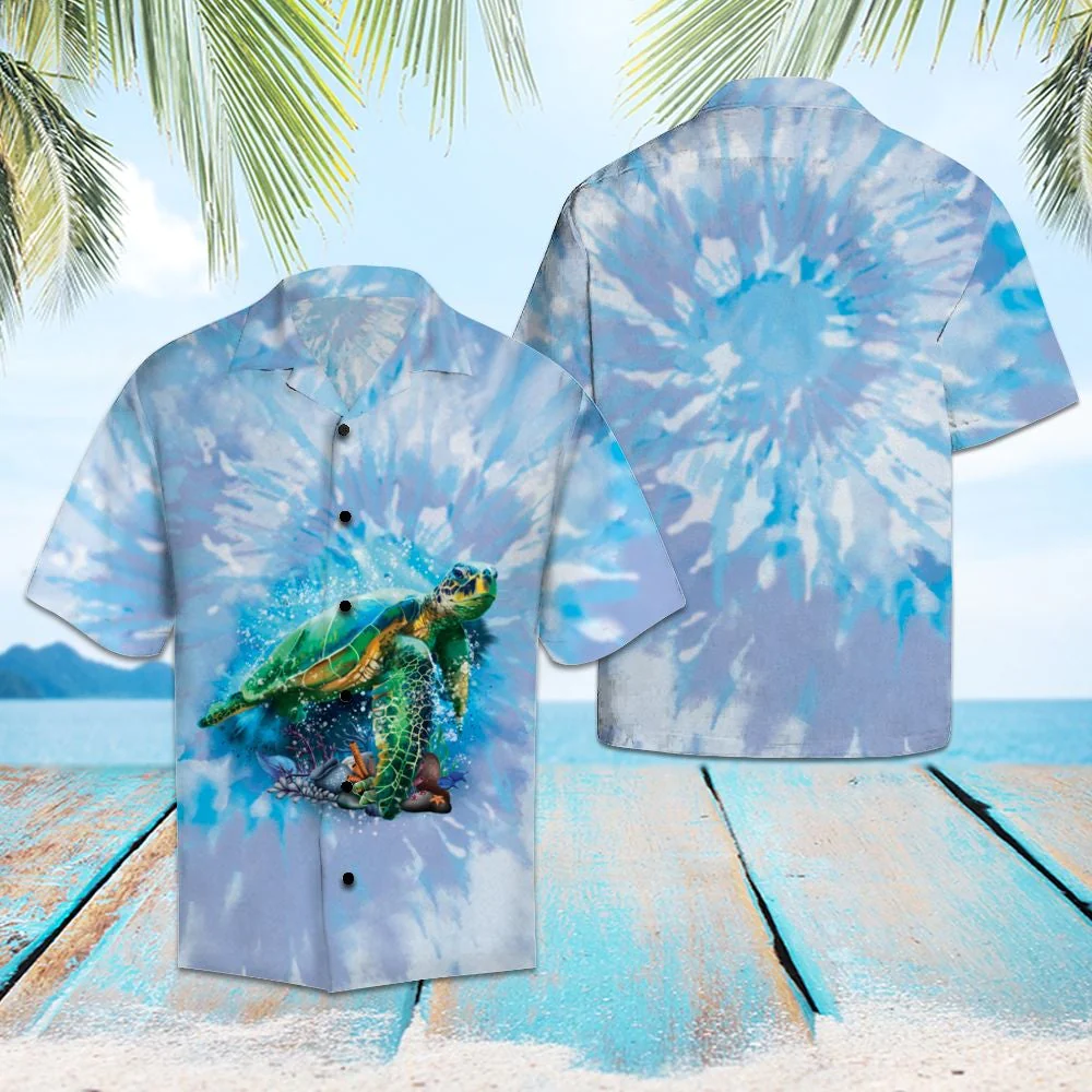 Blue Tie Dye Inspired Turtle Hawaiian Shirt