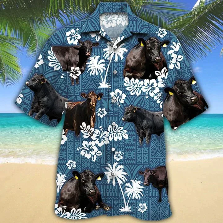 Blue Tribal Design Hawaiian Shirt for Black Angus Cattle Lovers