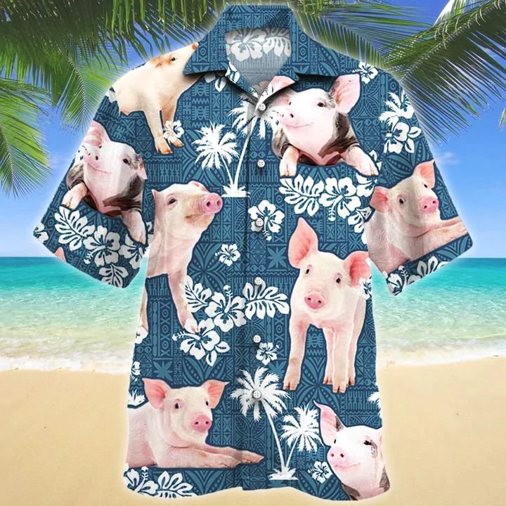 Blue Tribal Pig Design Hawaiian Shirt for Men and Women