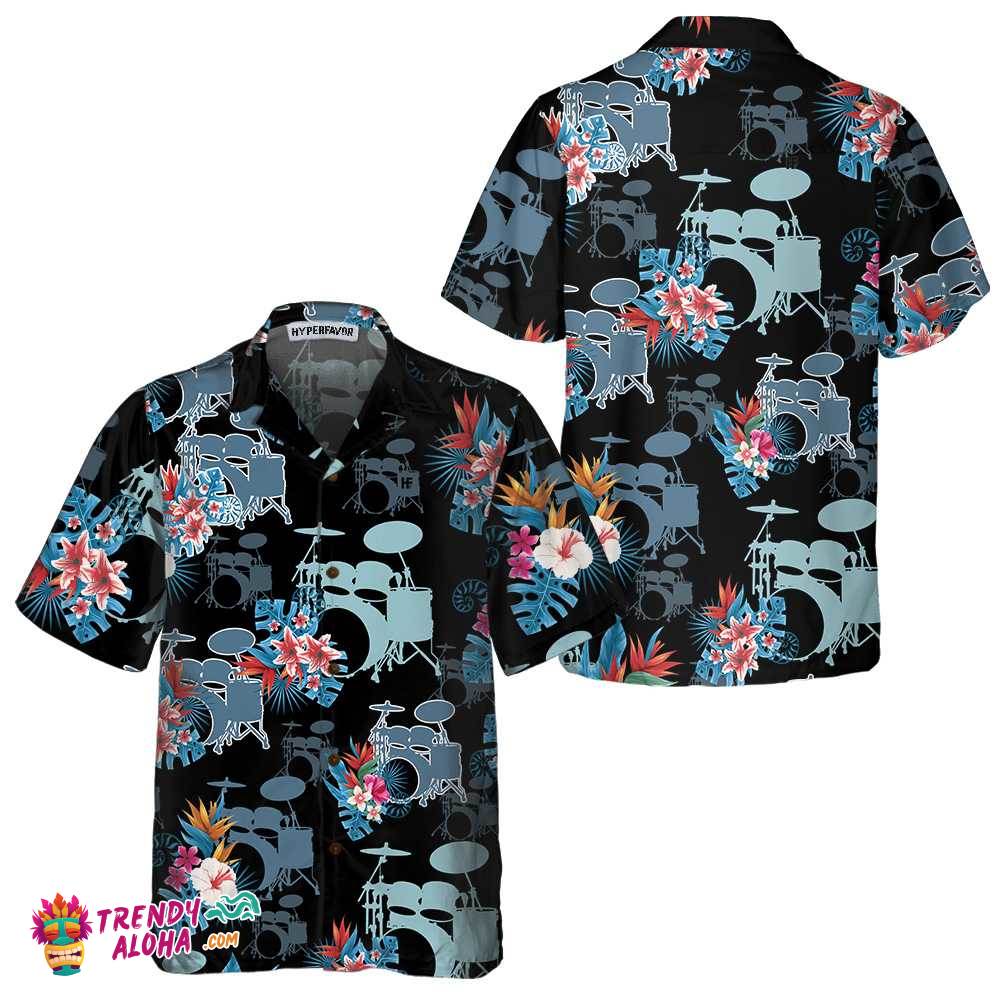 Blue Tropical Flower Drum Hawaiian Shirt, Drum Shirt For Men, Gift For Drummers Blue Tropical Flower Drum Hawaiian Shirt, Drum Shirt For Men, Gift For Drummers