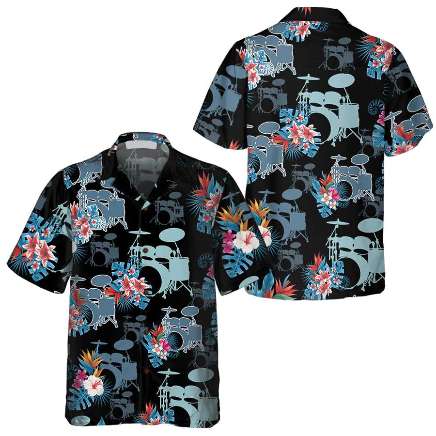 Blue Tropical Flower Drum Trendy Hawaiian Shirt, Drum Shirt For Men, Gift For Drummers