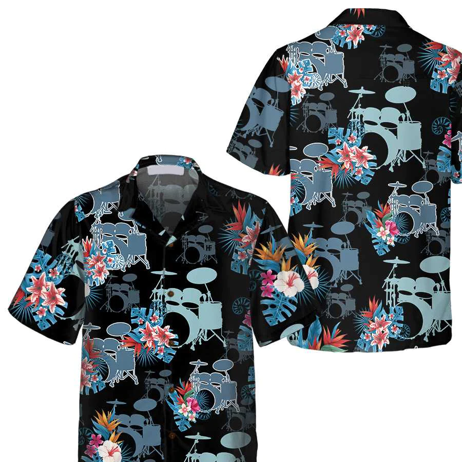 Blue Tropical Flower Drum Trendy Hawaiian Shirt, Drum Shirt For Men, Gift For Drummers