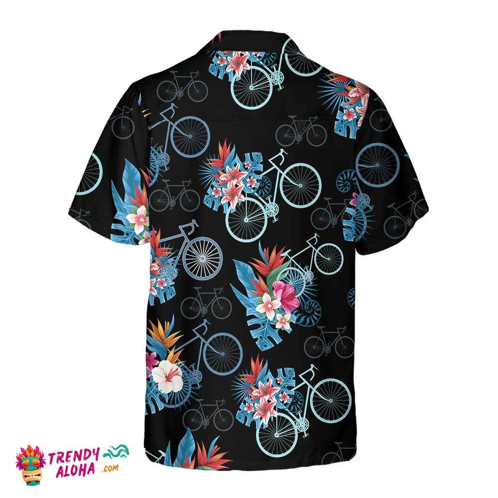 Blue Tropical Leaves Cycling Hawaiian Shirt, Tropical Mountain Bike Shirt For Men, Unique Gift For Cyclists