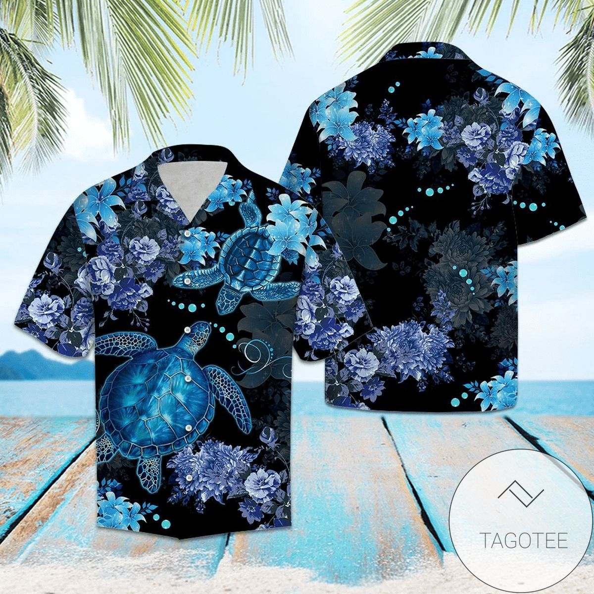 Blue Turtle Amidst Flowering Bliss on a Hawaiian Shirt