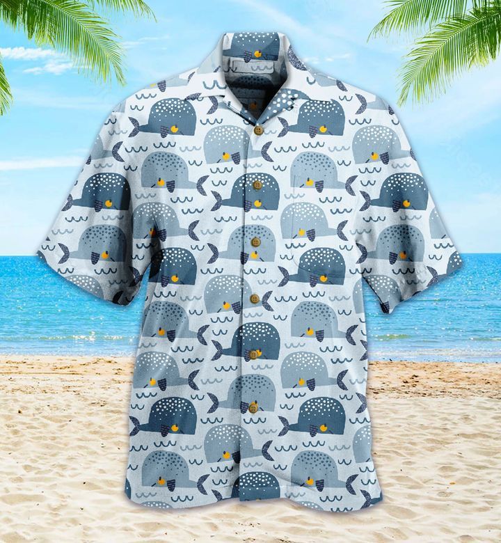 Blue Yellow Whale Waves Hawaiian Shirt 3D Summer Gifts