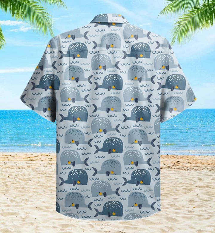 Blue Yellow Whale Waves Trendy Hawaiian Shirt 3D Summer Gifts