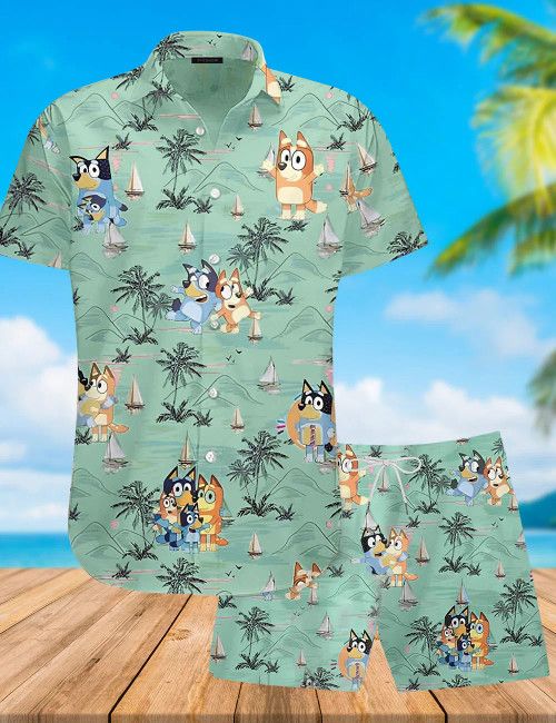 Bluey Beach Hawaiian Green Shirt Shorts Men’s Island Adventure