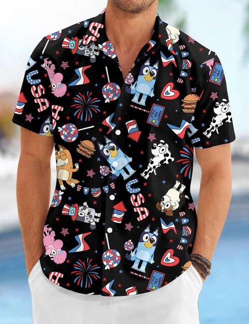 Bluey Hawaii Black Shirt 4th Of July Celebration Tropical Theme