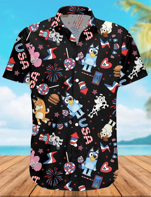 Bluey Hawaii Black Shirt 4th Of July Celebration Tropical Theme