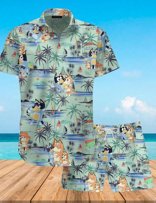 Bluey Hawaiian Green Shirt Shorts Combo Men’s Islander Style