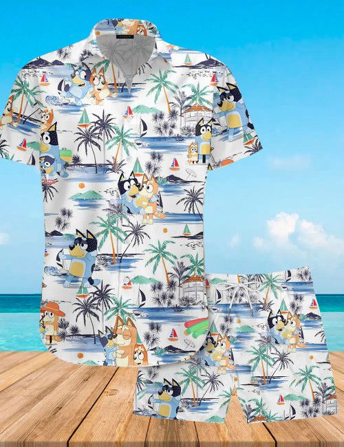 Bluey Hawaiian White Shirt Shorts Combo Seaside Breeze for Men