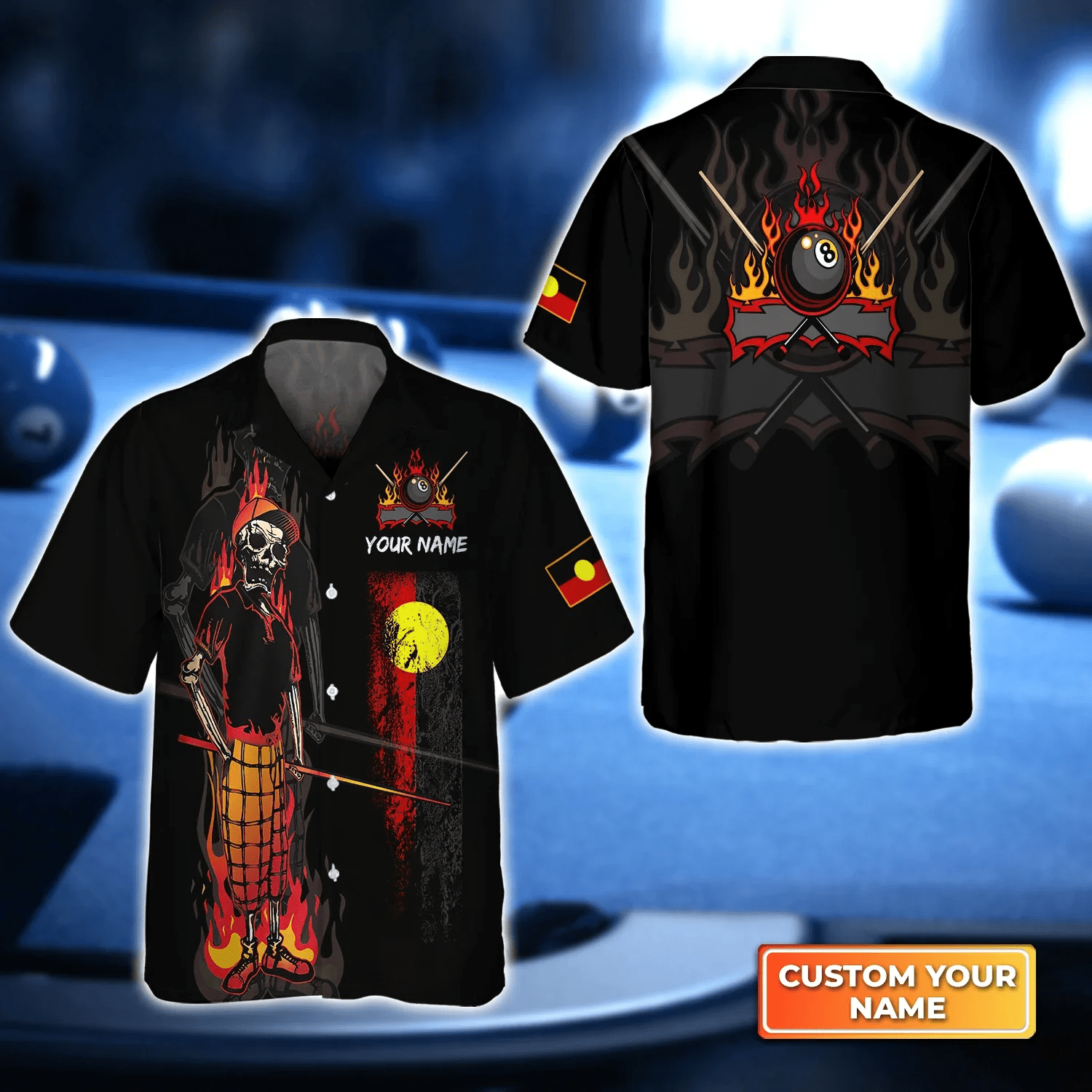 Bones 8 Ball Aboriginal Flag Billiards 3D Trendy Hawaiian Shirt, Billiard Team Uniform, Gift For Billiard Players