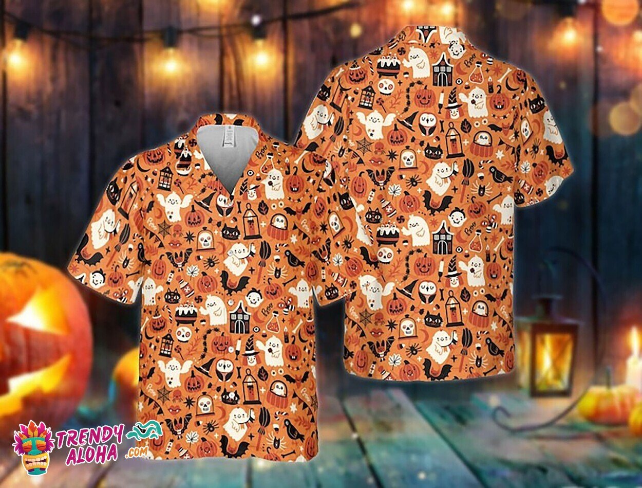 Boo Funny Halloween Party Costume Pumpkin Print Hawaiian Shirt