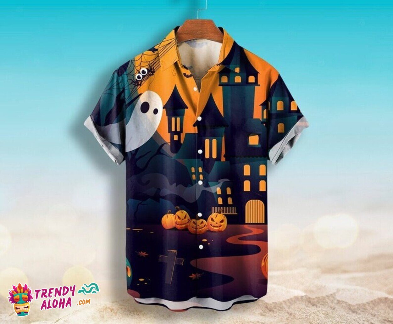 Boo Pumpkin & Ghost Halloween Castle Casual Short Sleeve Hawaiian Top