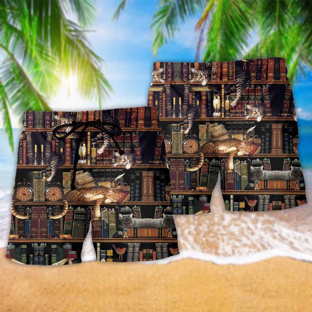 Book And Cat Sleep Trendy Aloha Hawaiian Beach Shorts
