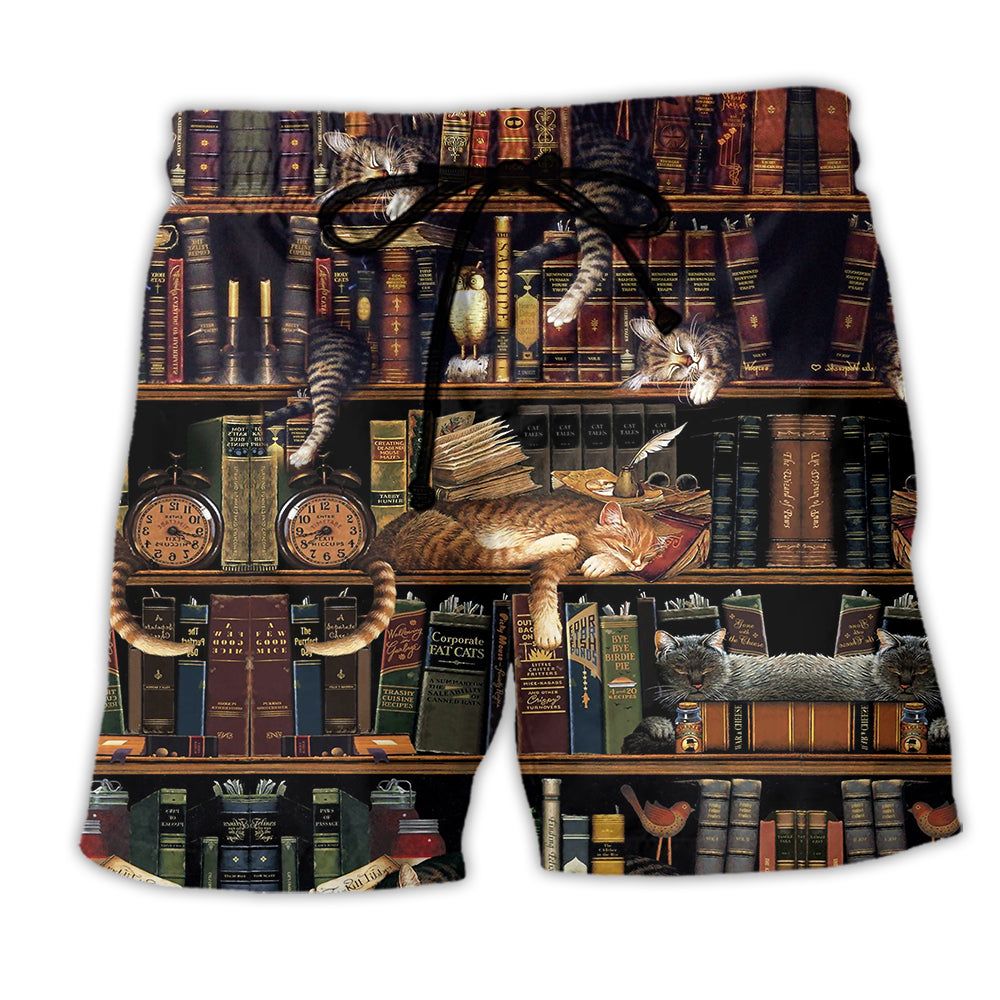 Book And Cat Sleep Trendy Aloha Hawaiian Beach Shorts