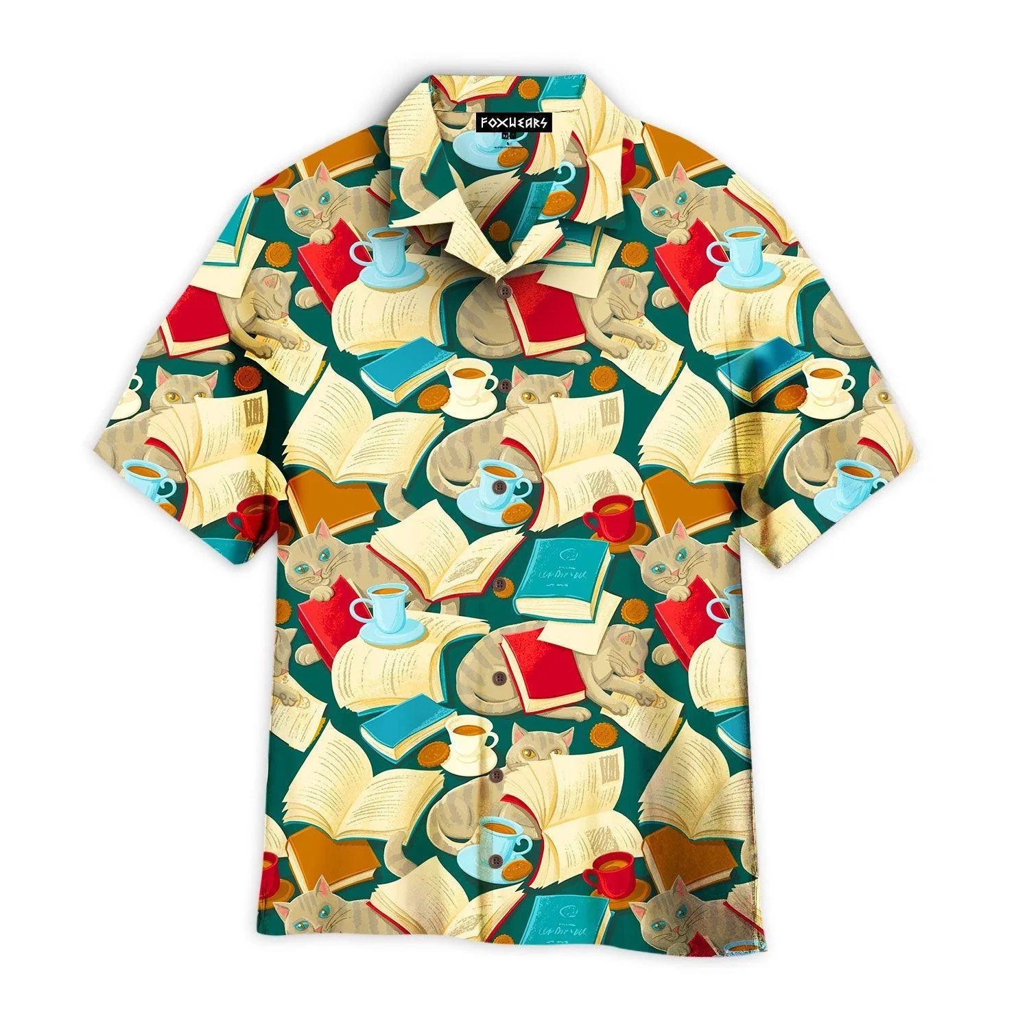 Book Cat Cosy With Cafe Cup Pattern Hawaiian Shirt