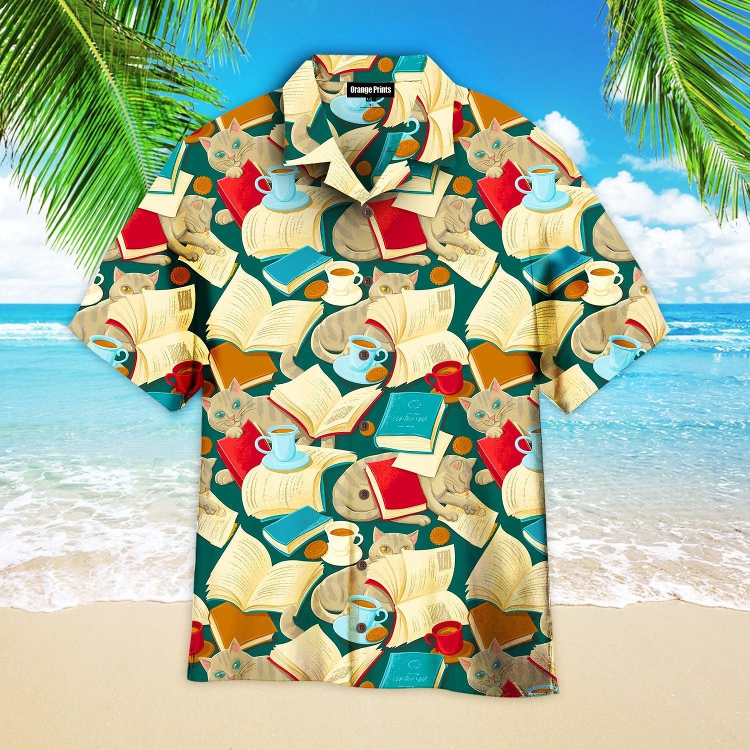 Book Cat Cosy With Cafe Cup Pattern Trendy Hawaiian Shirt