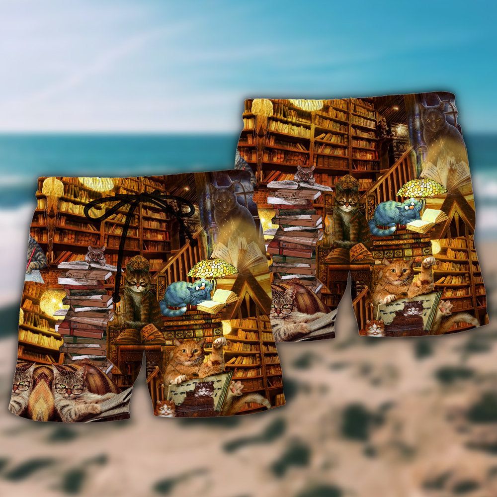 Book Cats Read Books Vintage Trendy Aloha Hawaiian Beach Shorts