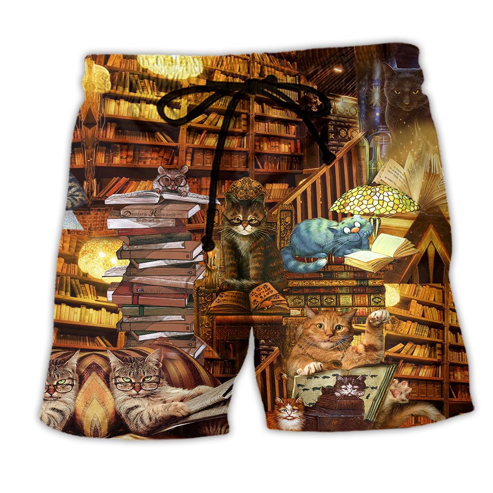 Book Happiness Is A Good Book And A Cat Trendy Aloha Hawaiian Beach Shorts