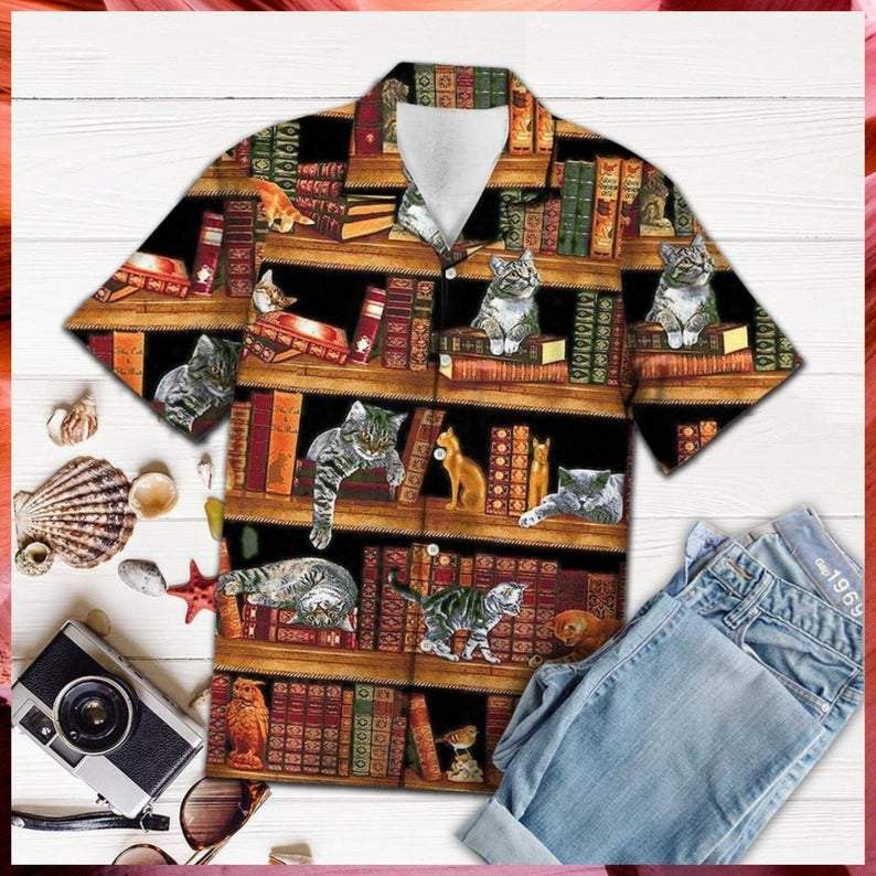 Book Hawaiian Shirt Bookshelfs And Cats 3D Aloha Shirt Book Hawaii Shirt