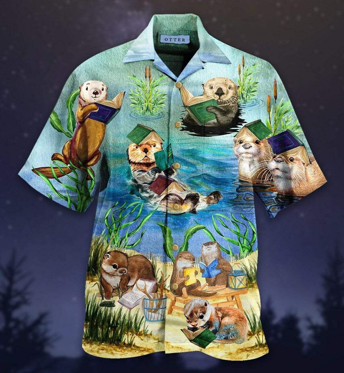 Book Hawaiian Shirt Cute Otter Reading Book Blue Hawaii Shirt Book Aloha Shirt