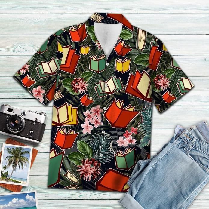 Book Hawaiian Shirt Reading Book Tropical Palm Leaf Aloha Shirt Book Hawaii Shirt