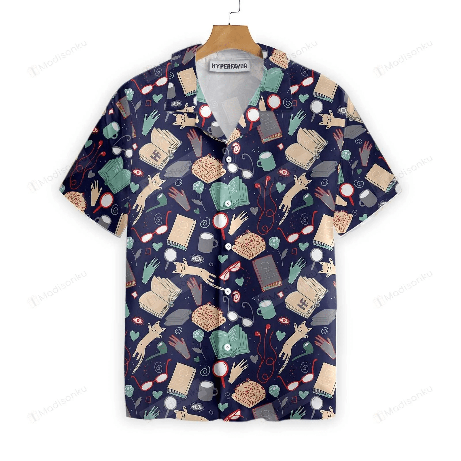 Book Trendy Hawaiian Shirt Books And Cats Pattern Aloha Shirt Book Hawaii Shirt