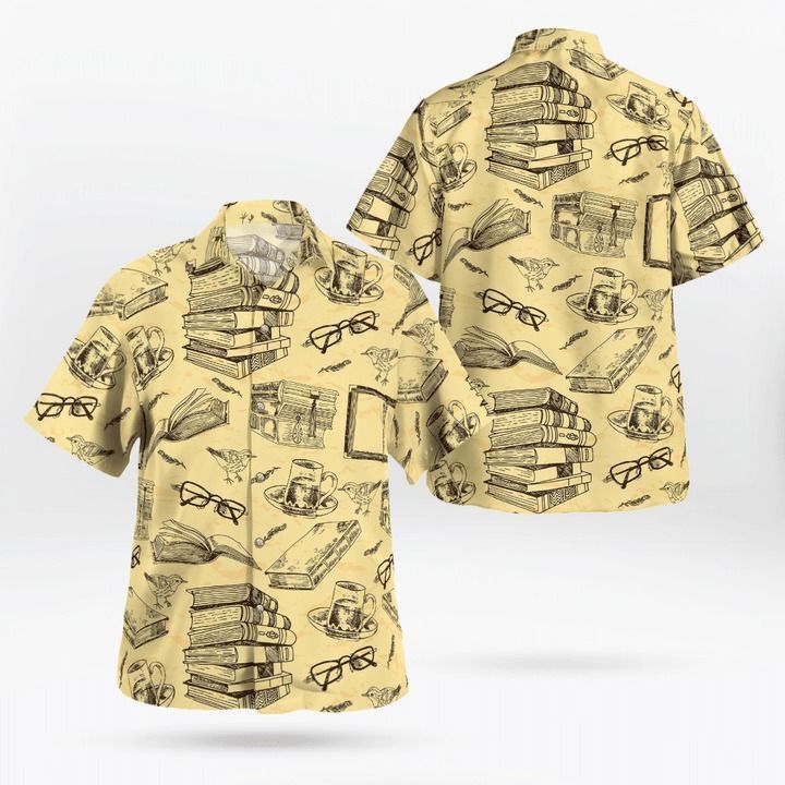 Book Trendy Hawaiian Shirt Vintage Stack Of Books Birds Yellow Aloha Shirt Book Hawaii Shirt