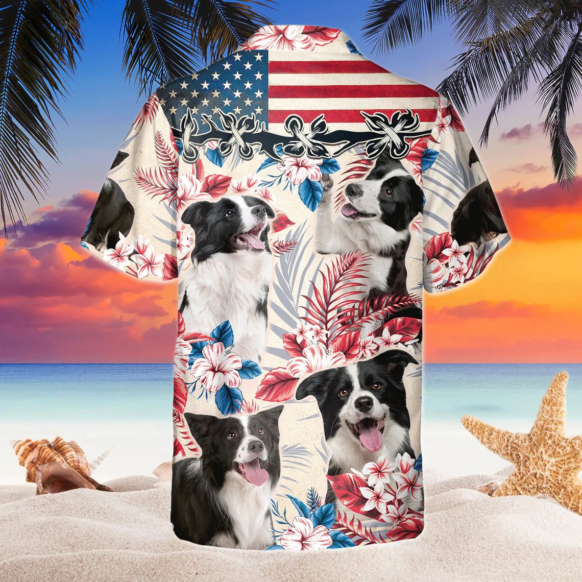 Border Collie Dog United States Flag Hawaiian Flowers All Over Printed 3D Hawaiian Shirt