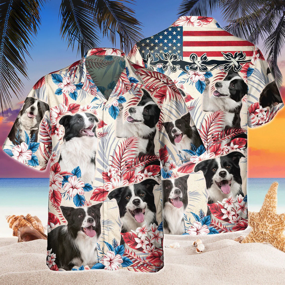 Border Collie Dog United States Flag Hawaiian Flowers All Over Printed 3D Hawaiian Shirt Border Collie Dog United States Flag Hawaiian Flowers All Over Printed 3D Hawaiian Shirt