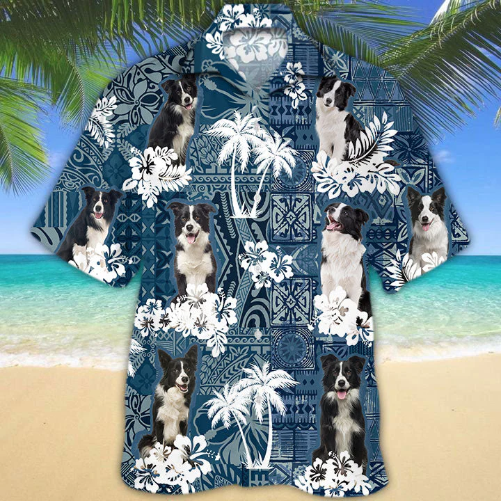 Border Collie Hawaiian Tropical Plants Pattern Blue And White All Over Printed 3D Hawaiian Shirt