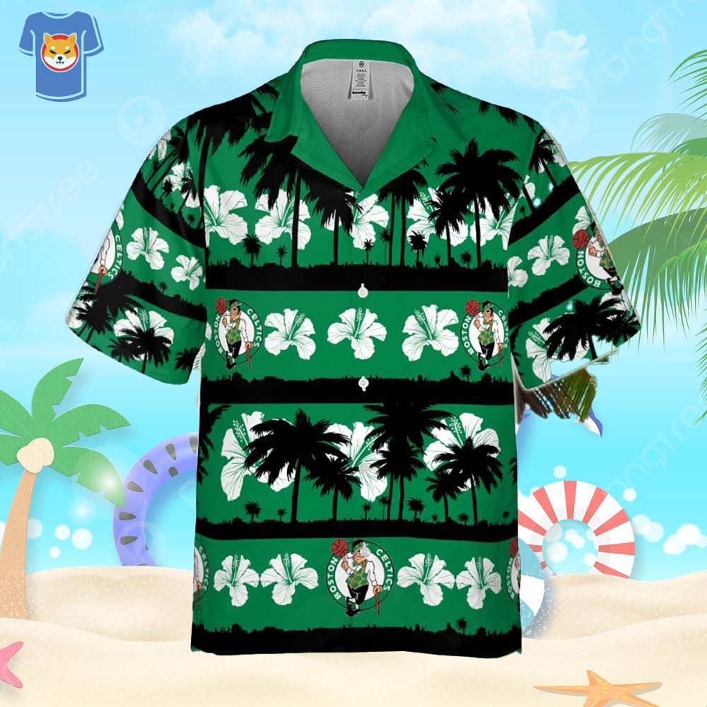 Boston Celtics White Hibiscus Flower On Green Background Print Hawaiian Shirt