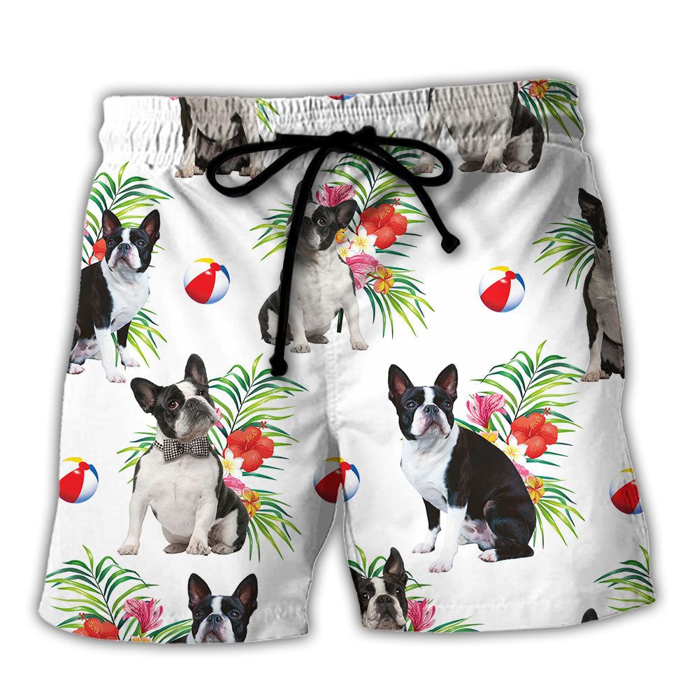 Boston Terrier Dog Tropical Floral Trendy Aloha Hawaiian Beach Shorts Boston Terrier Dog Tropical Floral Trendy Aloha Hawaiian Beach Shorts