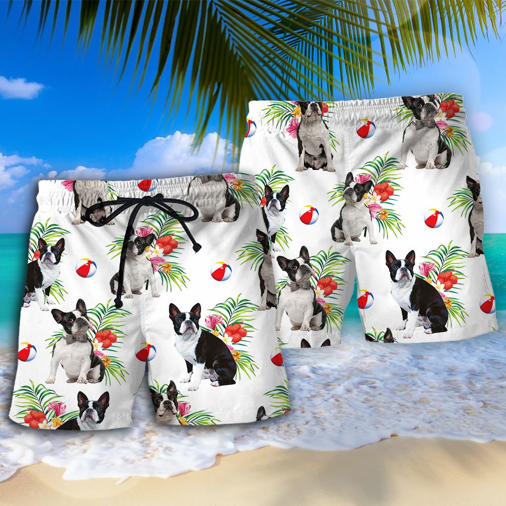 Boston Terrier Dog Tropical Floral Trendy Aloha Hawaiian Beach Shorts