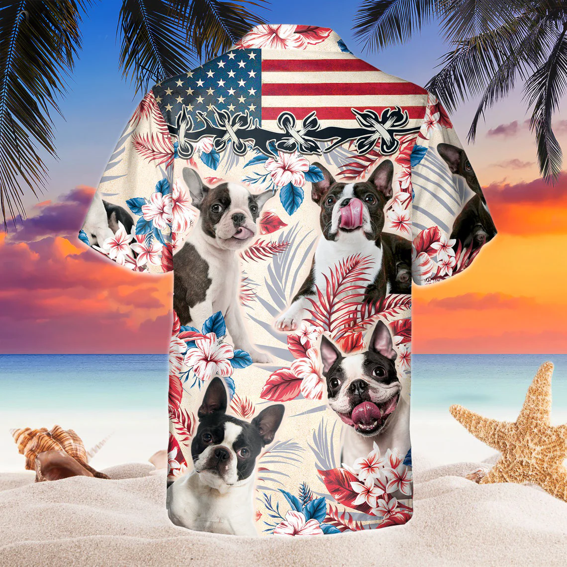 Boston Terrier Dog United States Flag Hawaiian Flowers All Over Printed 3D Hawaiian Shirt