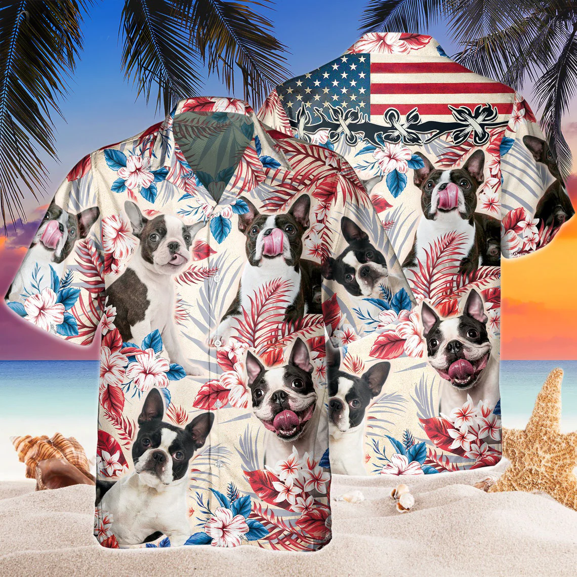Boston Terrier Dog United States Flag Hawaiian Flowers All Over Printed 3D Hawaiian Shirt Boston Terrier Dog United States Flag Hawaiian Flowers All Over Printed 3D Hawaiian Shirt