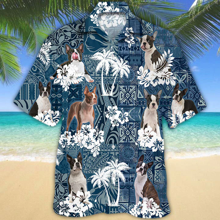 Boston Terrier Hawaiian Tropical Plants Pattern Blue And White All Over Printed 3D Hawaiian Shirt