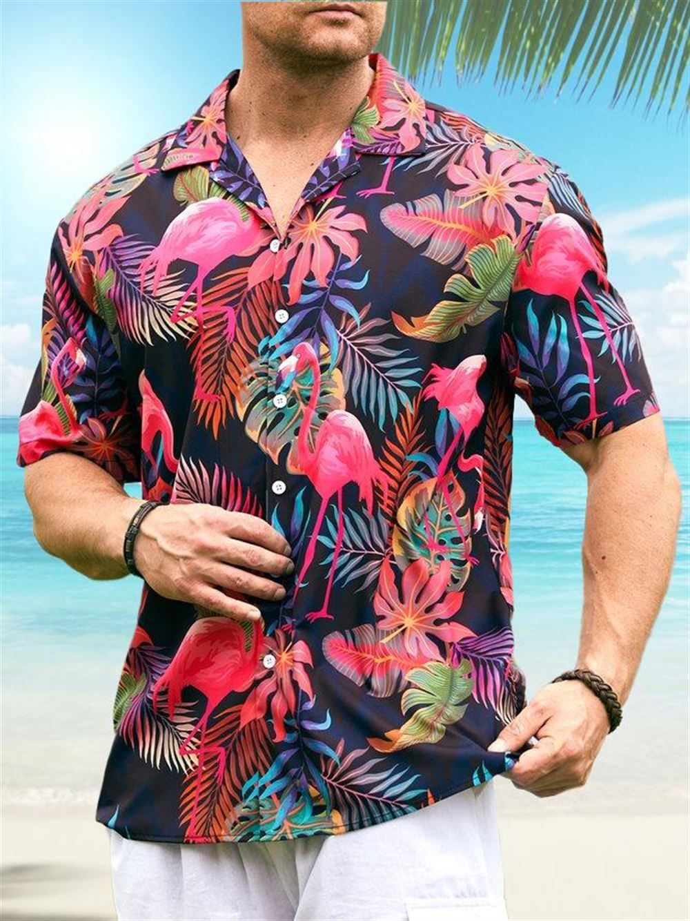Botanical Flamingo Print Casual Short Sleeve Hawaiian Shirt