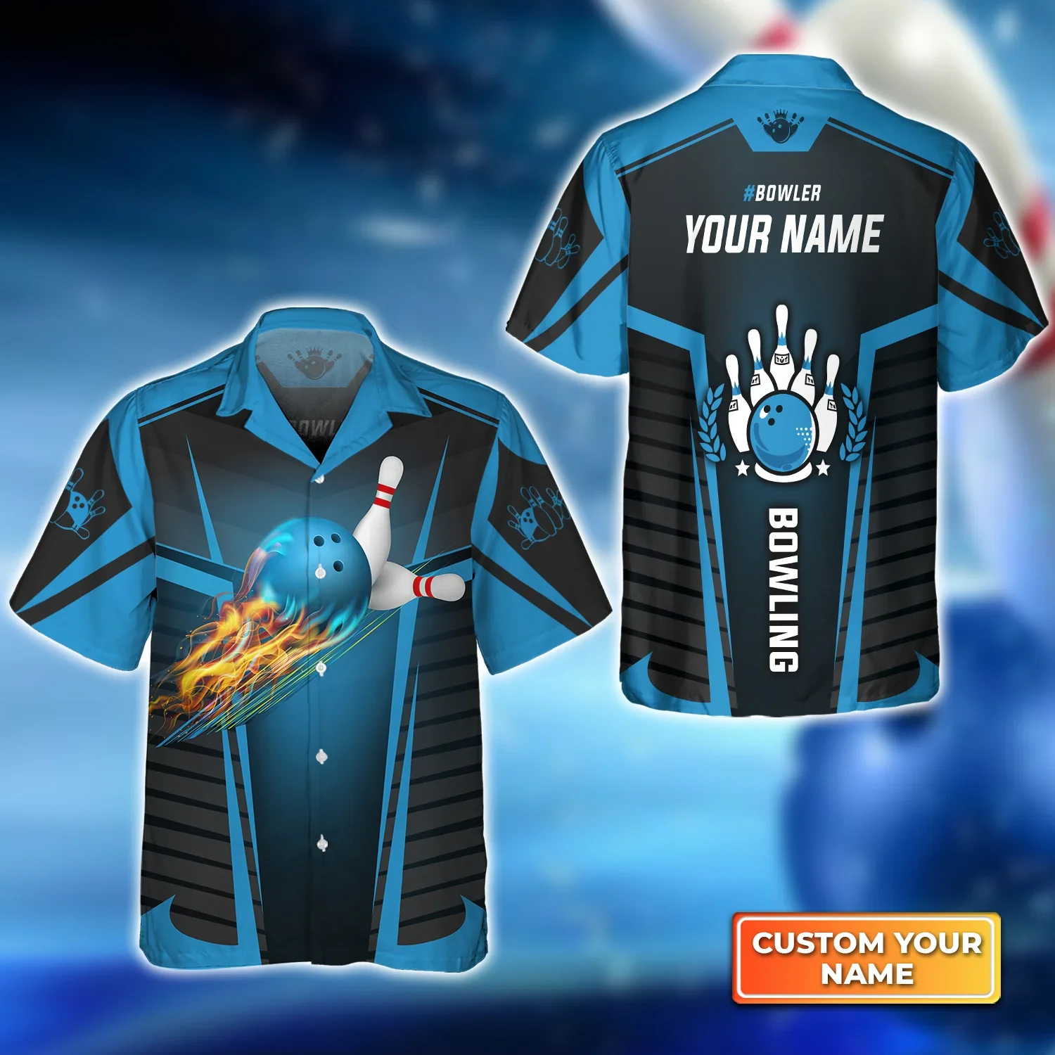 Bowler The Blue Bowling Ball In Flames Breaks White Skittles 3D Trendy Hawaiian Shirt, Bowling Trendy Hawaiian Shirt For Men, Women, Bowling Team