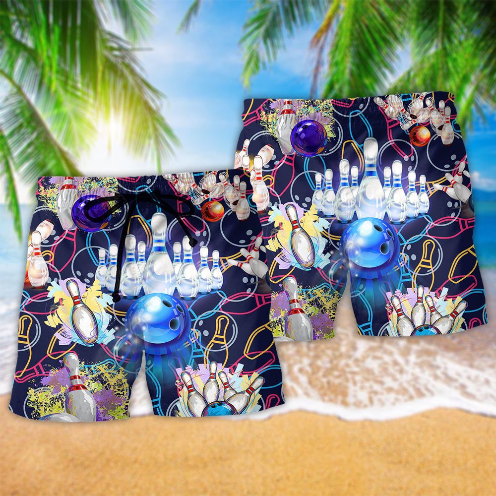 Bowling Let The Good Times Roll Short Trendy Aloha Hawaiian Beach Shorts