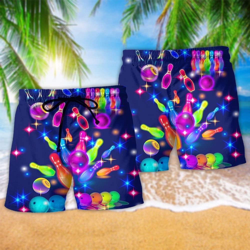 Bowling Rainbow Neon Style  Trendy Aloha Hawaiian Beach Shorts