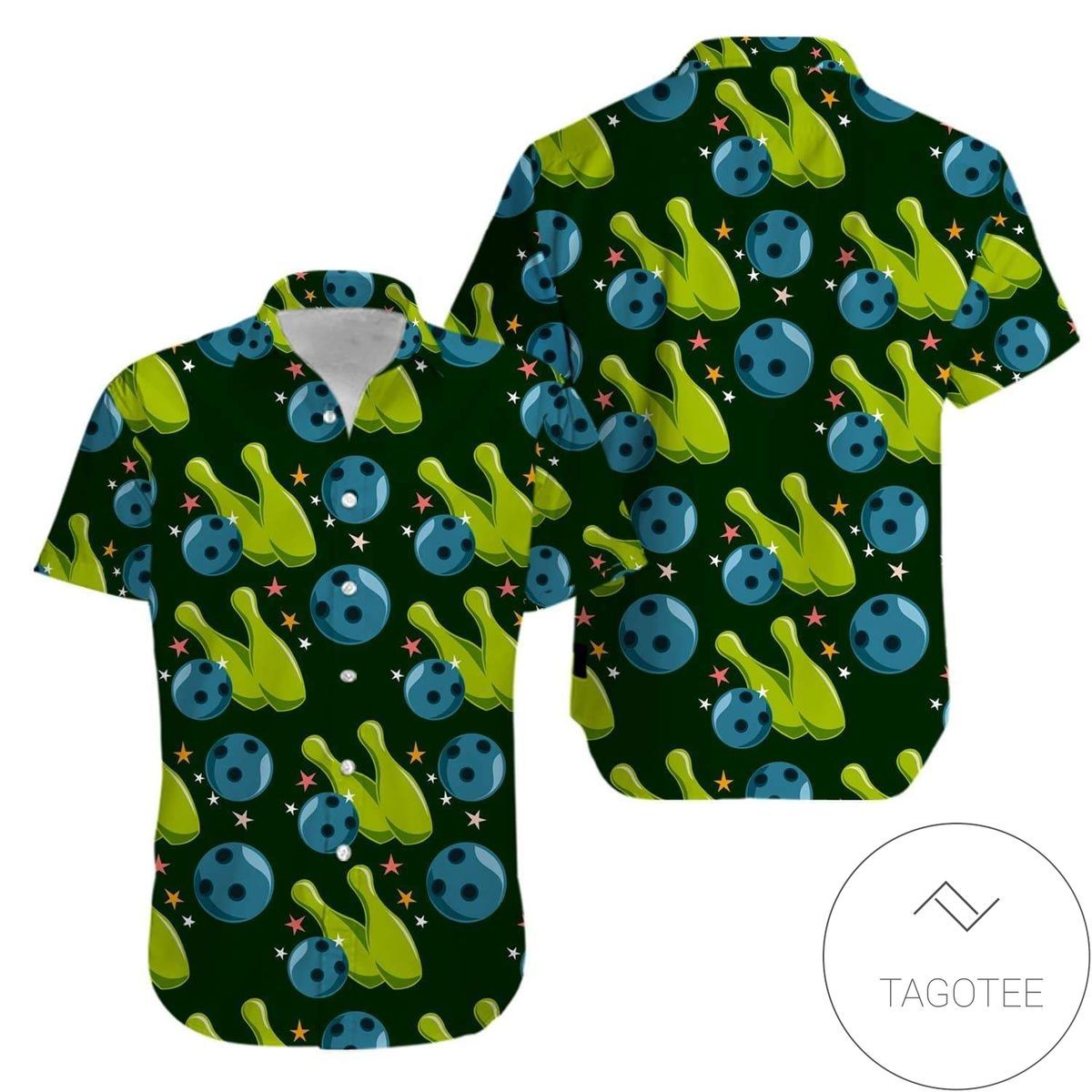 Bowling Strike Themed Hawaiian Shirt in Green Perfect Alley Fashion