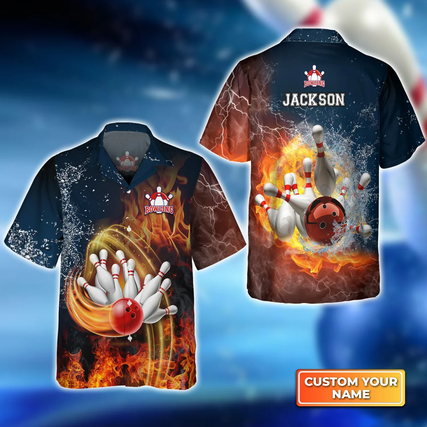 Bowling Trendy Hawaiian Shirt For Men, Women, Bowling Team Shirt, Red Bowl And Pins In Water And Fire Trendy Hawaiian Shirt